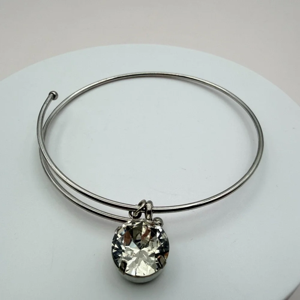Vintage Y2K Silver Tone Clear Rhinestone Charm Bangle Women's Classic‎ Jewelry